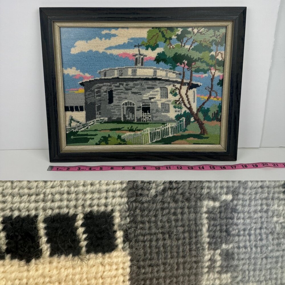 Vtg‎ Wall Framed Needlepoint Art Work Craft Completed Church Building Tree Sky